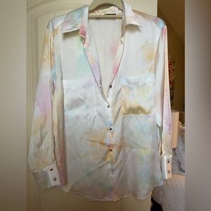Zara long sleeve button down silk blouse with gold buttons, size medium